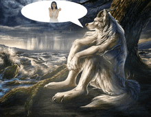 a painting of a werewolf sitting under a tree with a woman in the background