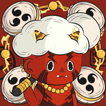 a cartoon drawing of a red monster with a cloud on its head