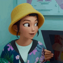 a cartoon girl wearing a yellow hat is looking at a picture frame