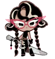 a cartoon character with glasses and braids is holding a sword .