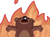 a cartoon bear is standing in front of a fire with its mouth wide open