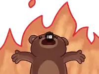 a cartoon bear is standing in front of a fire with its mouth wide open
