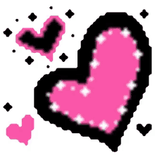 a pixel art of a pink heart and a black heart surrounded by smaller hearts .