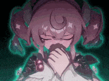 a girl with purple hair is covering her mouth with her hand