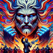 a colorful painting of a man with a beard and a sword standing in front of a group of soldiers .