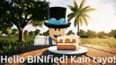 a video game character holding a piece of cake with the words hello binified kain tayo on the bottom