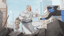 a cartoon of a man in a white suit fighting a blue superhero