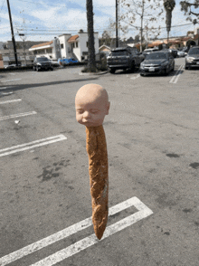 a baguette with a baby 's head sticking out of it in a parking lot