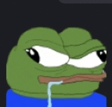 a cartoon frog with a stick in its mouth and a tear coming out of its mouth .