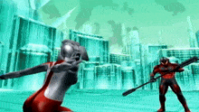 a man and a woman are fighting each other in a video game . the woman is holding a spear .