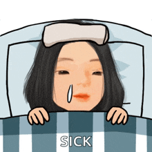 a cartoon of a woman laying in bed with a towel on her head and the words sick below her