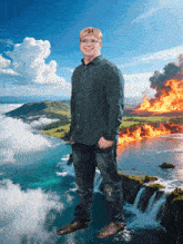 a man standing in front of a waterfall with a fire in the distance