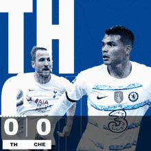 two soccer players are standing next to each other with a score of 0 to 3
