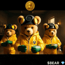 three teddy bears wearing yellow jumpsuits and goggles are standing next to each other with a gold bear coin above them