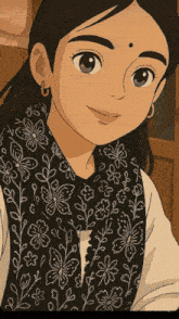 a cartoon drawing of a girl wearing a scarf with flowers and butterflies