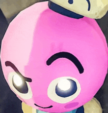 a close up of a pink cartoon character with a hat on top of it .