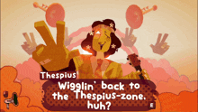 a cartoon character with the name thespius on the top