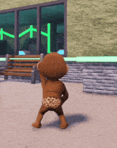 a teddy bear in a leopard print underwear stands in front of a building with a green sign that says tnt