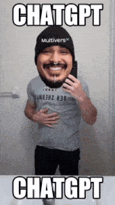 a man is taking a selfie with a beanie that says multivers on it