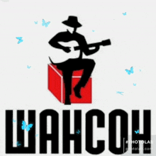 a man is sitting on a box playing a guitar and the word wahccu is below him