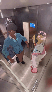 a cartoon of a girl and a boy in an elevator with the name merumi14 on the bottom right corner