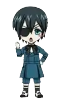 a chibi drawing of a boy with one eye wearing a blue suit