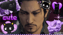 a man with a beard is surrounded by black cats and purple flowers with cute written on the top