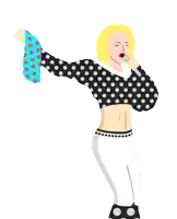a woman singing into a microphone wearing a black and white polka dot shirt