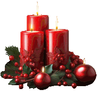 three red candles are surrounded by red balls and holly with the letters ac on the bottom