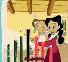 a cartoon of a woman holding a baby with a caption that says " mia purpose "