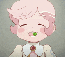 a cartoon girl with pink hair is smiling with her eyes closed and her mouth open