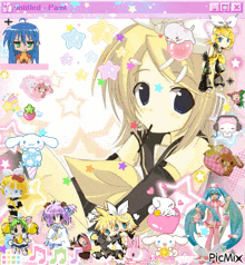 a girl with a balloon in her hair is surrounded by other anime characters on a computer screen