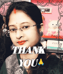 a picture of a woman with the words thank you written above her