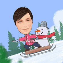 a cartoon of a woman sledding down a snowy hill with a snowman pulling her