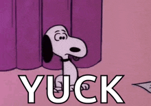 a cartoon of snoopy with the word yuck in white letters