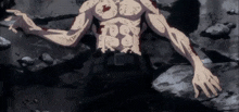 a man without a shirt is laying in the dirt