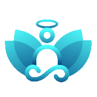 a blue lotus flower with a person in a lotus position and an angel halo