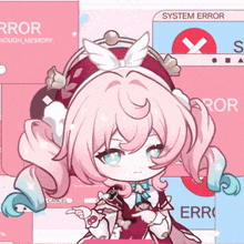 a girl with pink hair and blue eyes stands in front of a screen that says system error