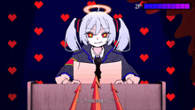 a girl with a halo on her head is sitting at a podium with hearts around her and the number 2p above her