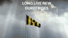 a yellow and black flag flying in the wind with the words long live new durotriges above it