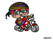 a cartoon drawing of a person riding a motorcycle with the word bugcity below it