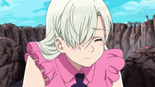 a girl with white hair is wearing a pink top and tie .