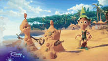 an advertisement for disney channel shows a boy standing next to a sand sculpture