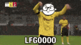 a soccer player in a yellow jersey says lfg00000 on the field