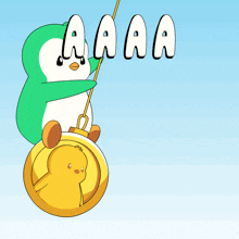 a cartoon of a penguin hanging from a rope with the word aaa above him