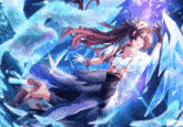 a girl with long hair and wings is surrounded by ice