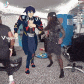 a cartoon character is dancing in a gym with other people