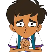 a cartoon boy with a sad look on his face is wearing a backpack