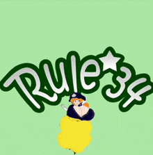 a green and white rule 34 logo with a cartoon character on a green background