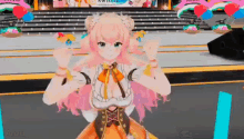 a pink haired anime girl is dancing on a stage with balloons in the background .